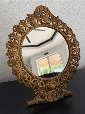 Vintage Art Nouveau Iron Round Vanity Mirror - Home Wall Decor